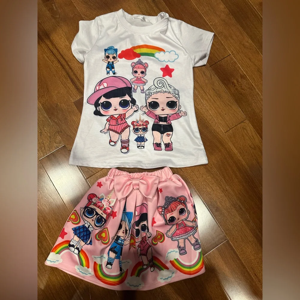 Kids Matching Set with Cartoon Print - White and Pink